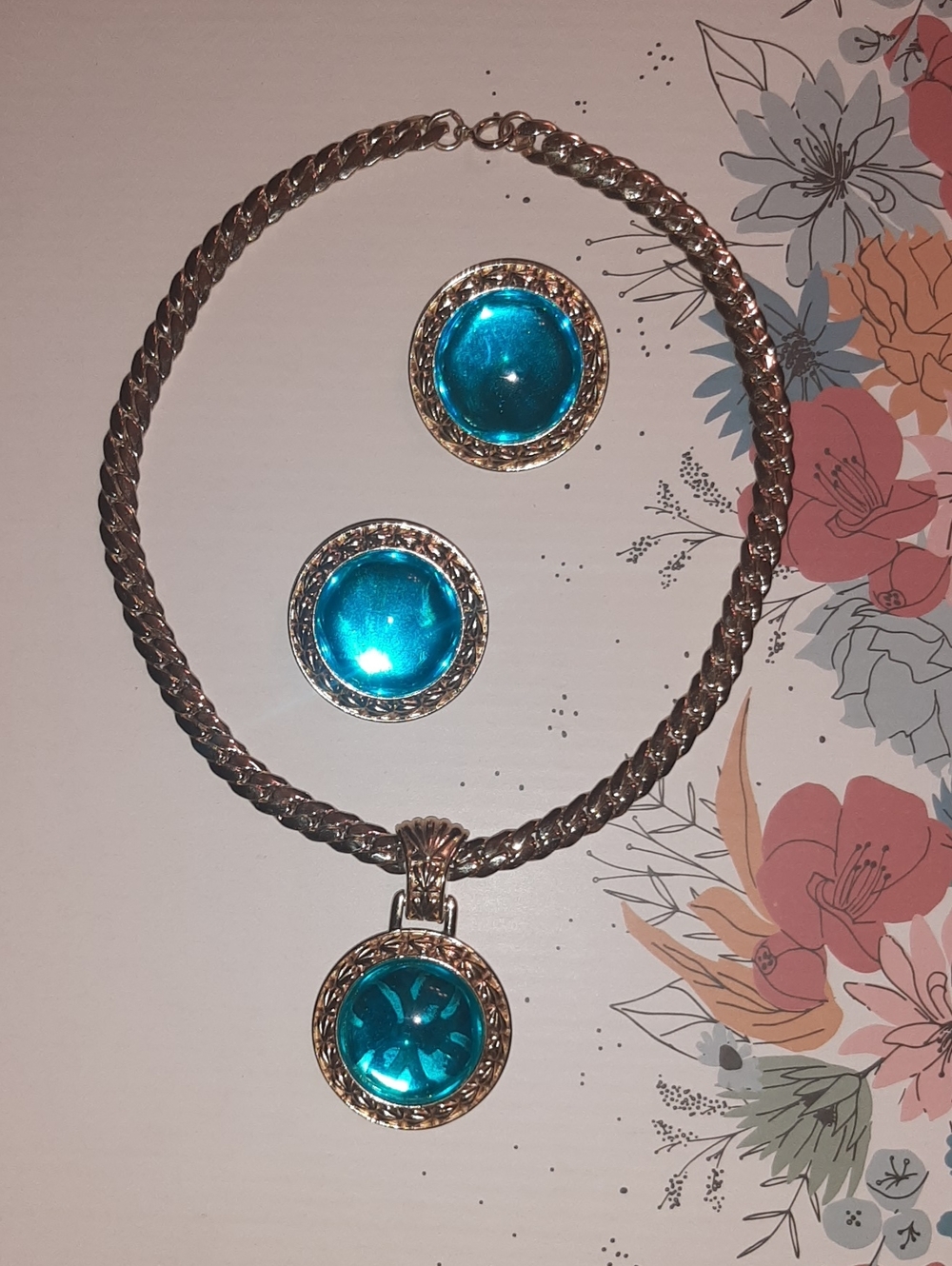 Blue Glass Pendant Necklace and Earring Set